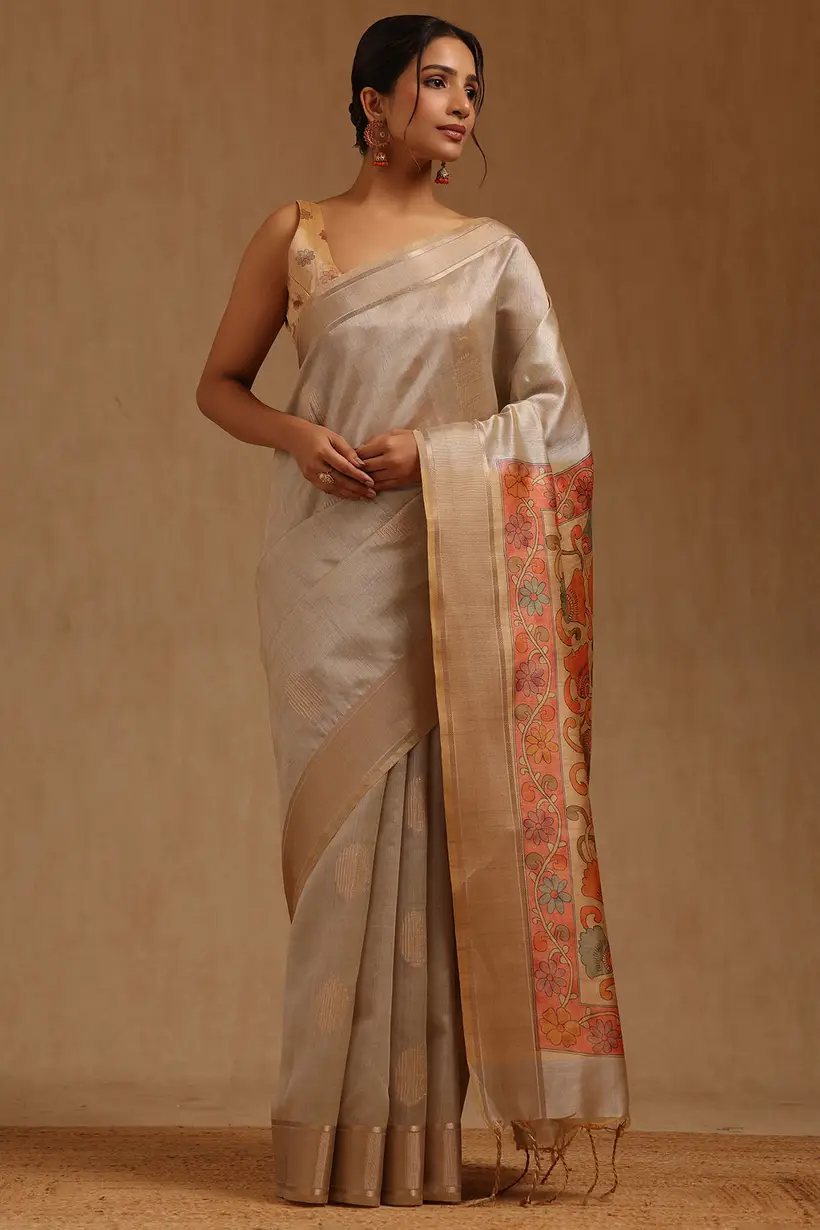 Grey Tussar Floral Zari Woven Saree